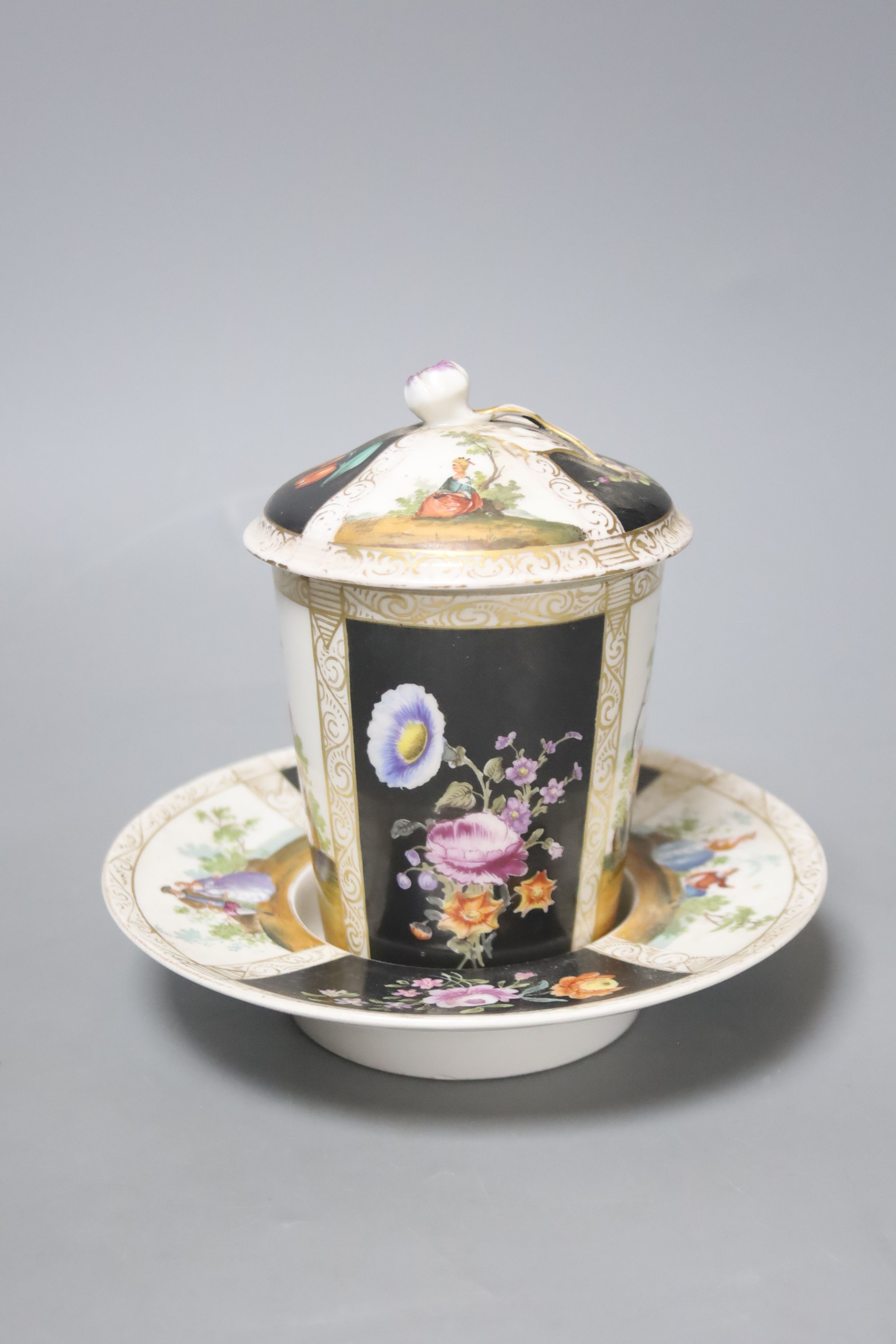 A late 19th century Dresden chocolate cup, cover and stand, overall height 15cm